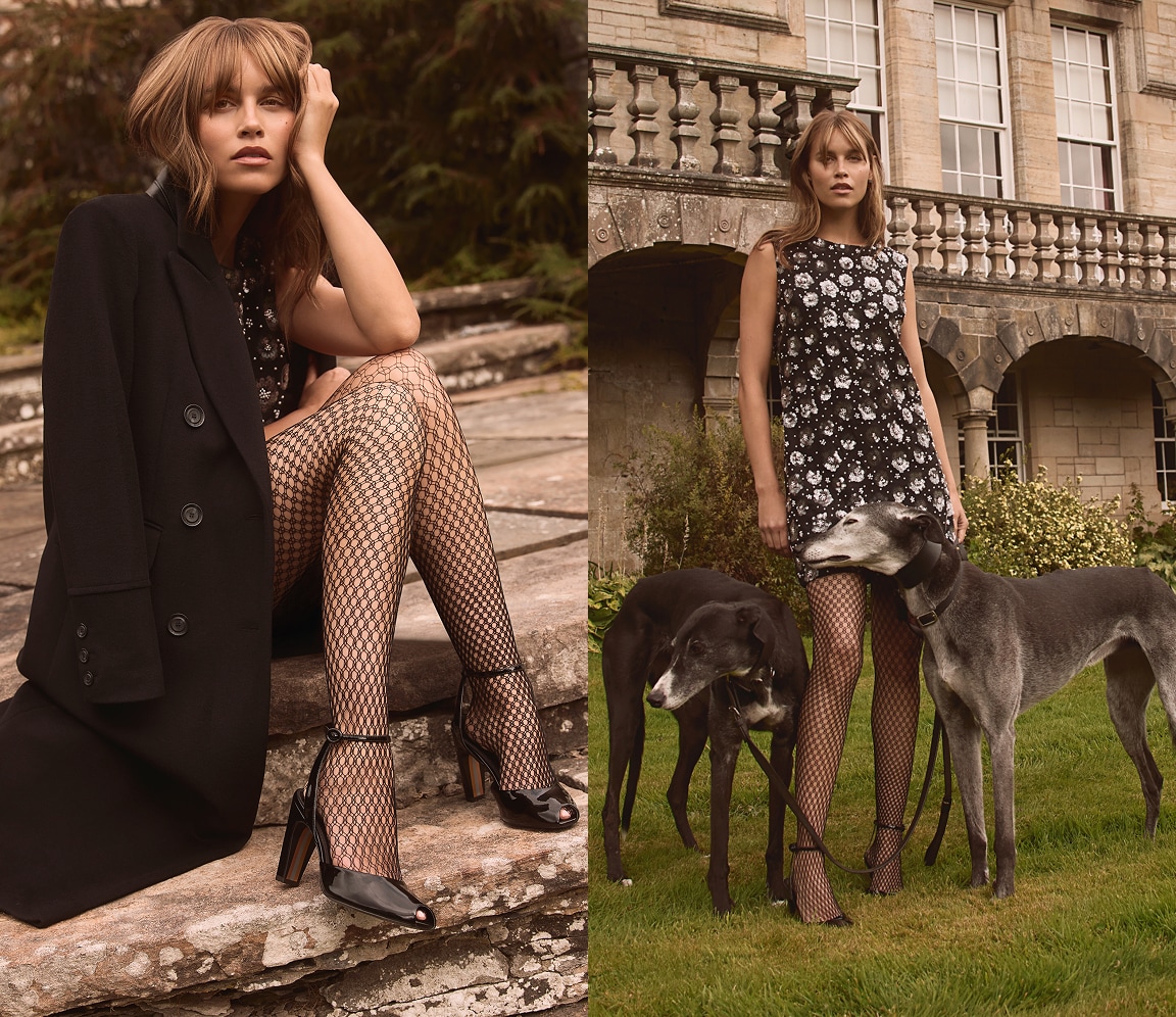 woman dresses elegantly in tights and black sam edelman pumps