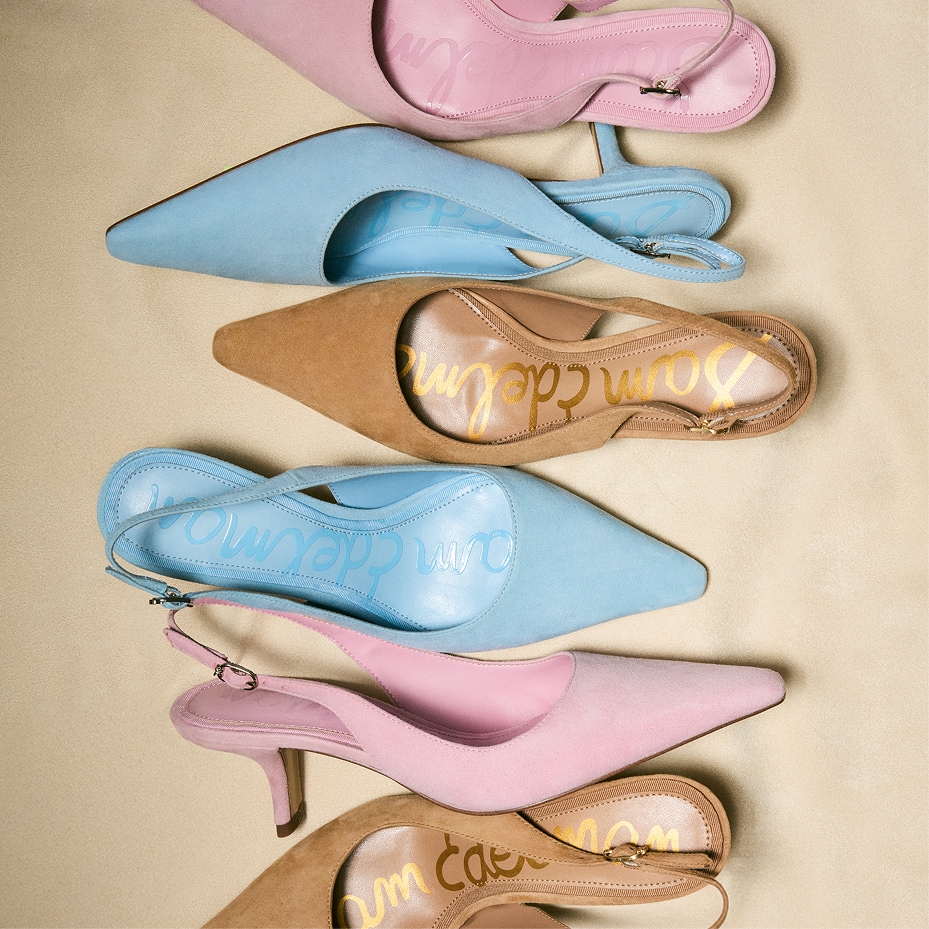the iconic bianka low slingback pump in fresh spring colors like baby blue, pink, and camel