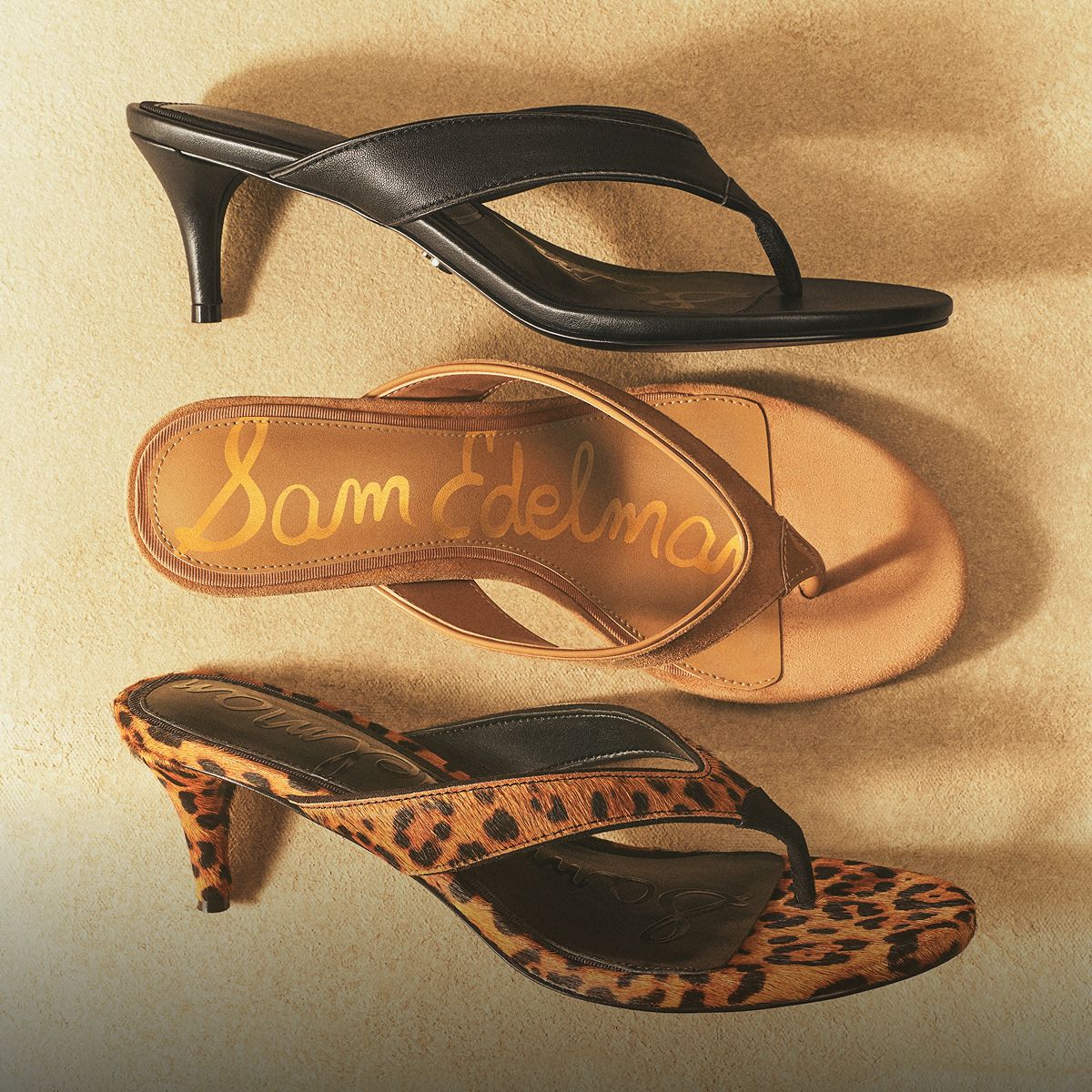 Three Sam Edelman Amie Kitten Heel Sandals in leopard print, tan suede, and smooth black leather.