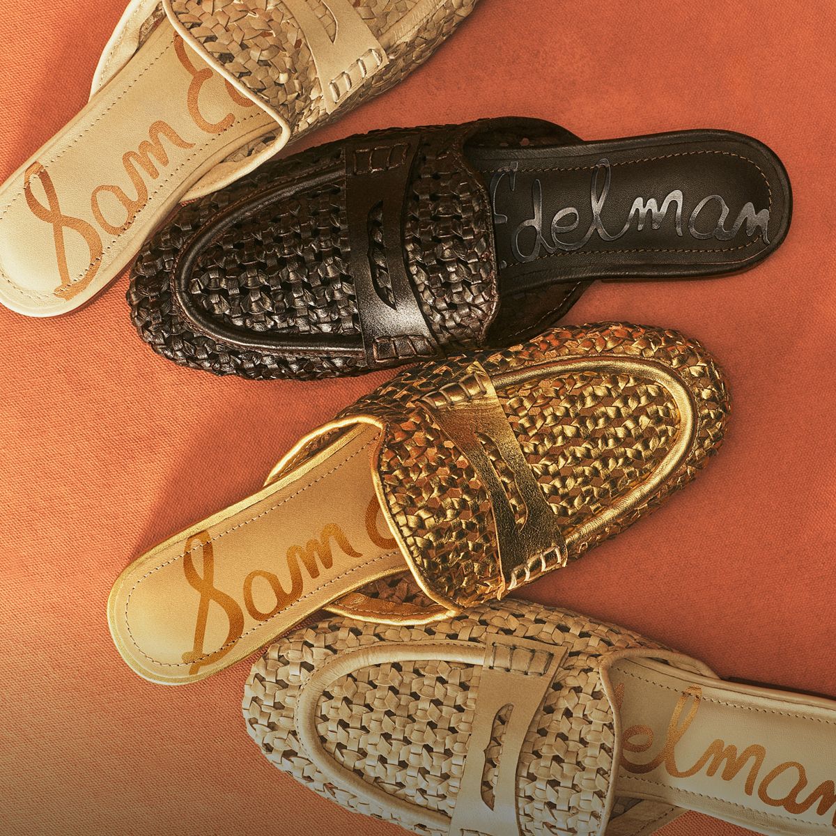 Four Sam Edelman Tullie Woven Mules in white, metallic gold, and black with penny loafer straps.
