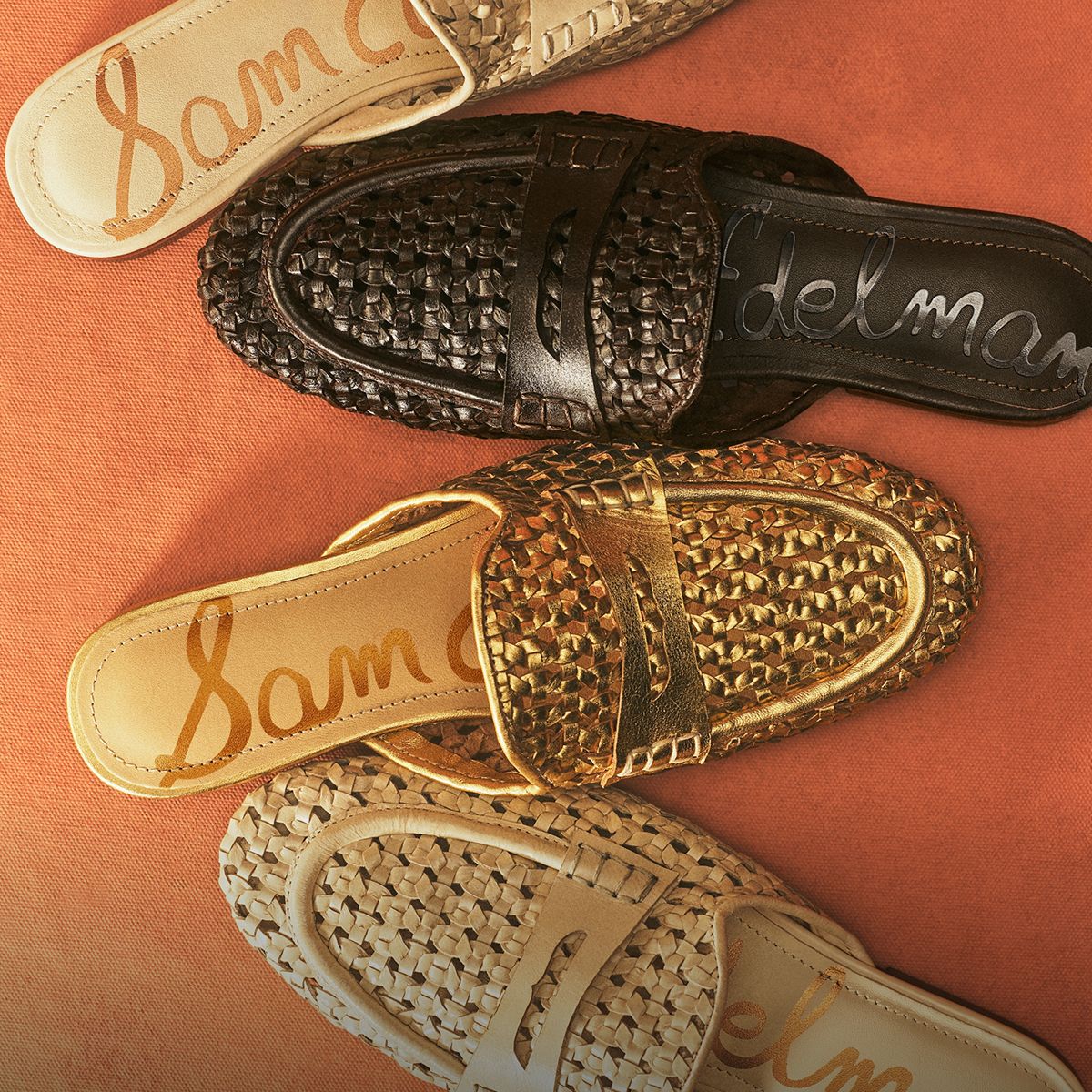 A close-up of Tullie woven leather mules in shades of ivory, black, and gold
